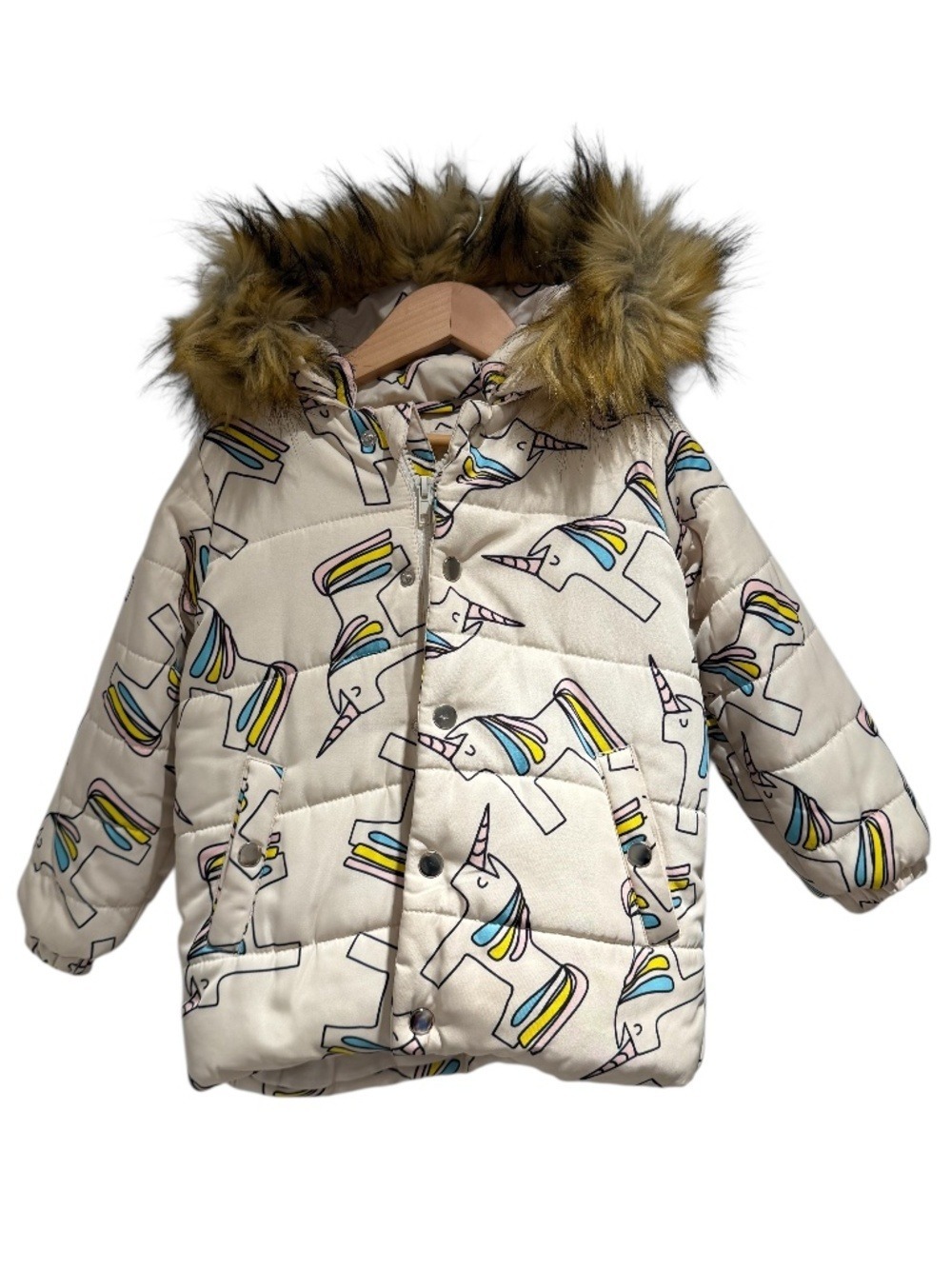 HUGO LOVES TIKI cream unicorn print winter puffer jacket - size 2 (fits bigger)